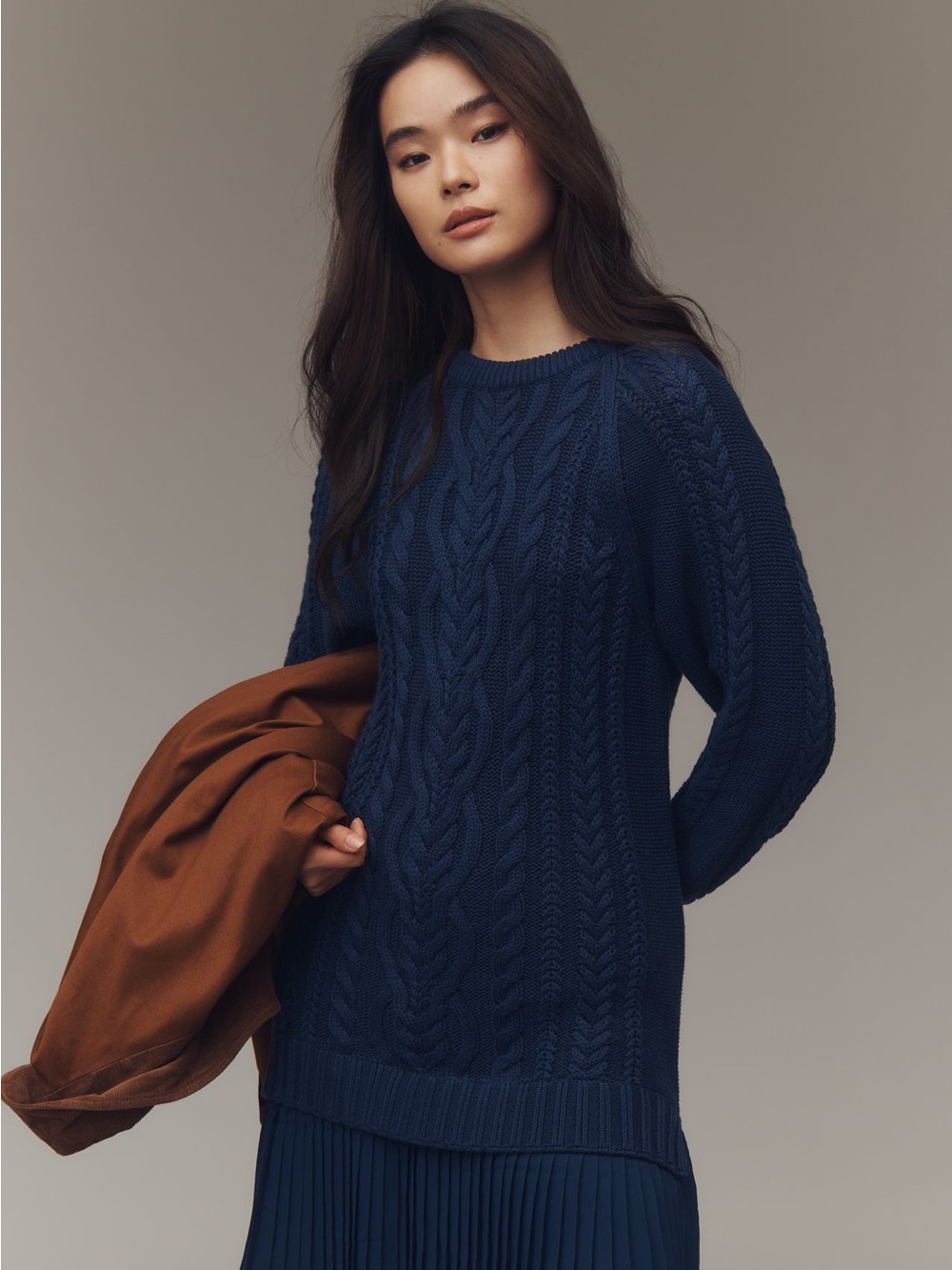 Anthropologie Navy Cable-Knit Crewneck Sweater